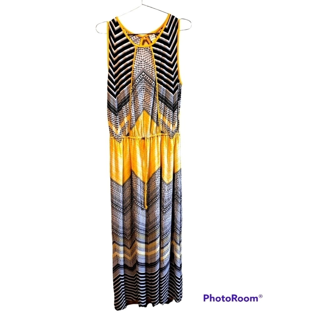 Sangria blousom naxi dress geomet abstract print zigzag yellow black size 14